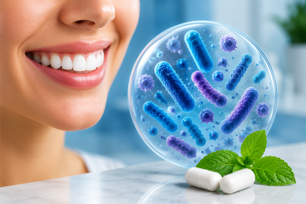 Smiling woman with an illustration of oral probiotic bacteria