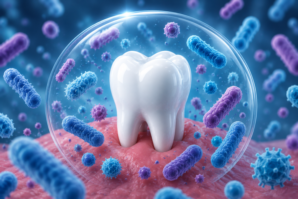 Tooth surrounded by a diverse community of oral bacteria