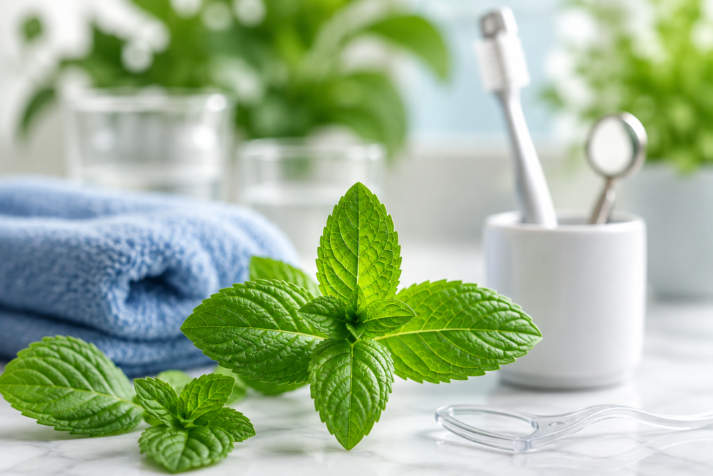 Mint leaves and everyday oral-care items representing fresh breath