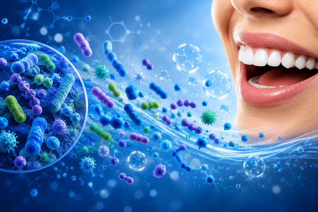 Conceptual illustration of the oral microbiome and beneficial bacteria