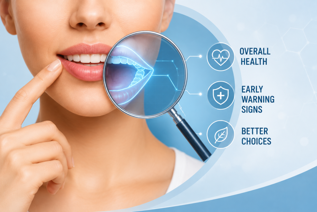 Woman examining her mouth with icons highlighting oral-health signals