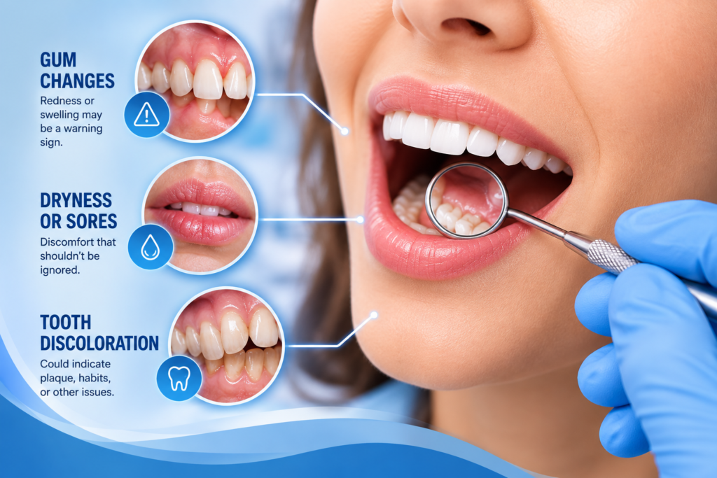 Dental exam illustration highlighting changes in gums, lips, and teeth