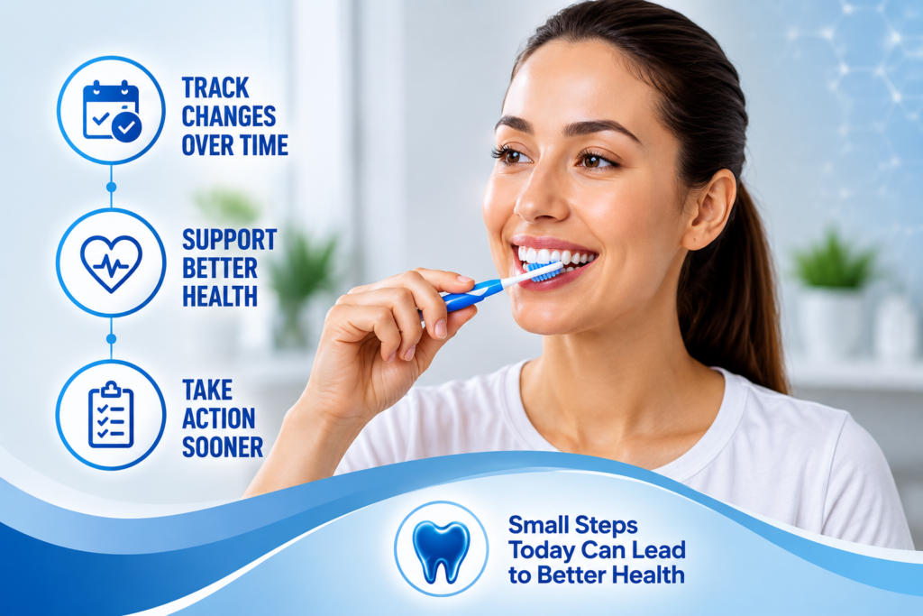 Woman brushing her teeth alongside a daily oral-health checklist
