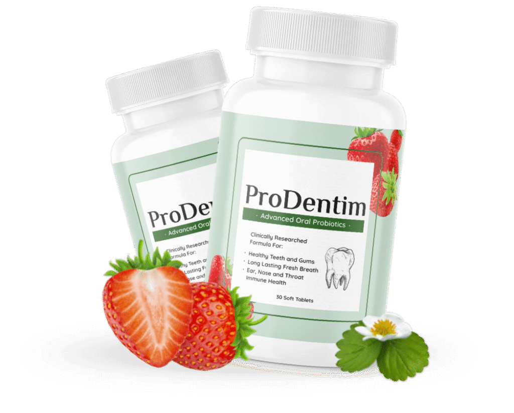 ProDentim oral probiotic supplement bottle and tablets